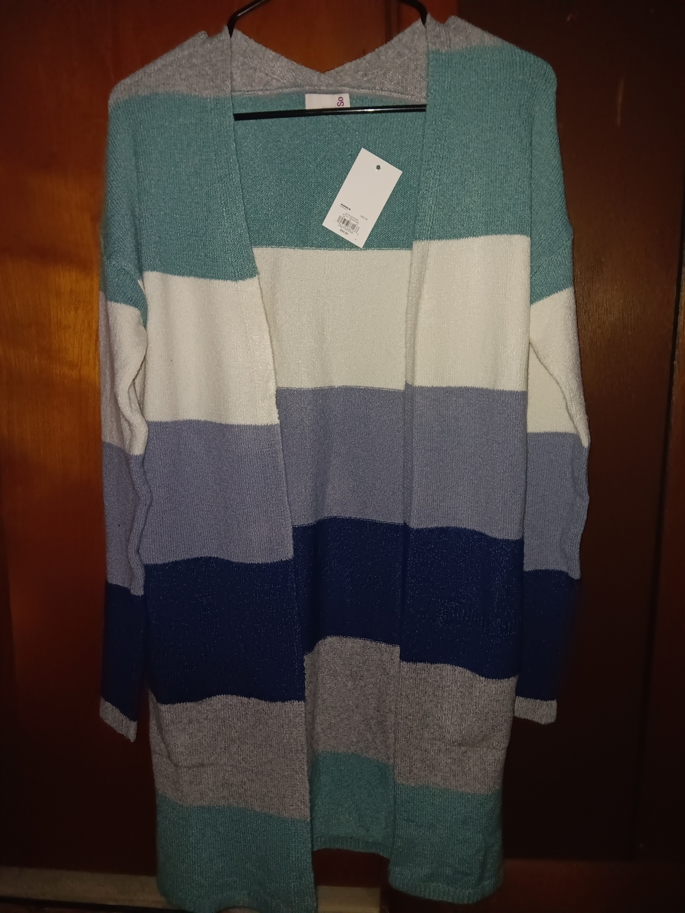 Striped Open-Front Long Cardigan Sweater - Blue/Gray/White